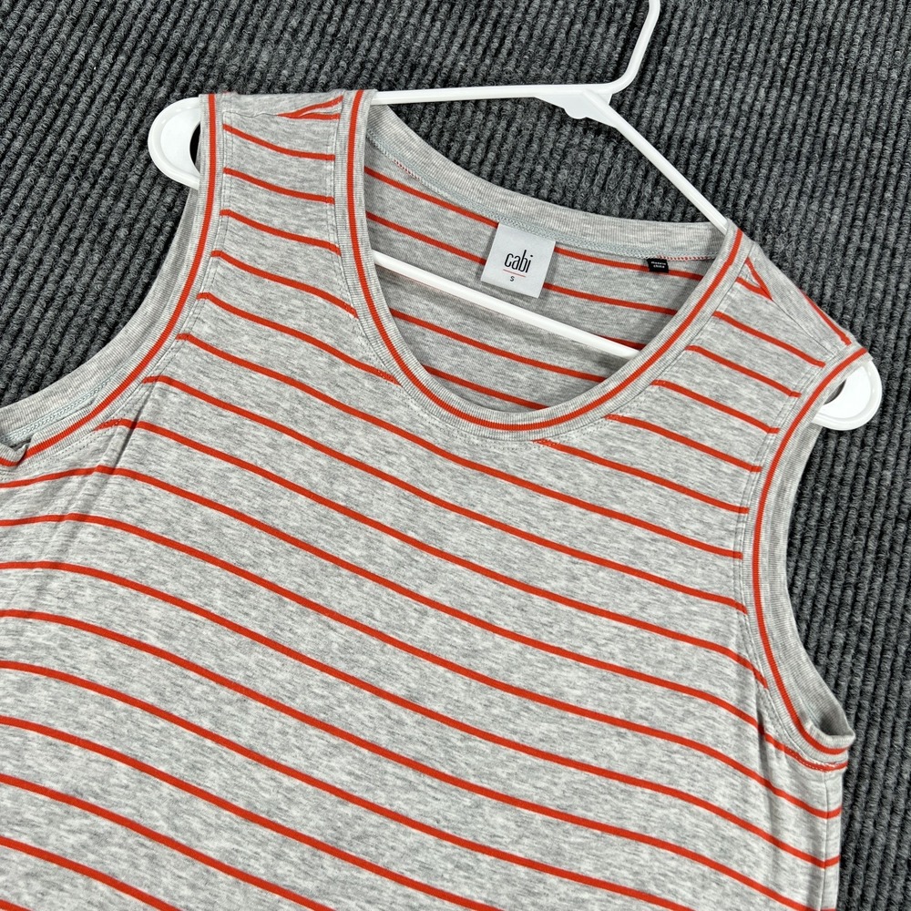Cabi Tank Top Womens Small Gray Red Striped Sleeveless Flounce Hem Lightweight